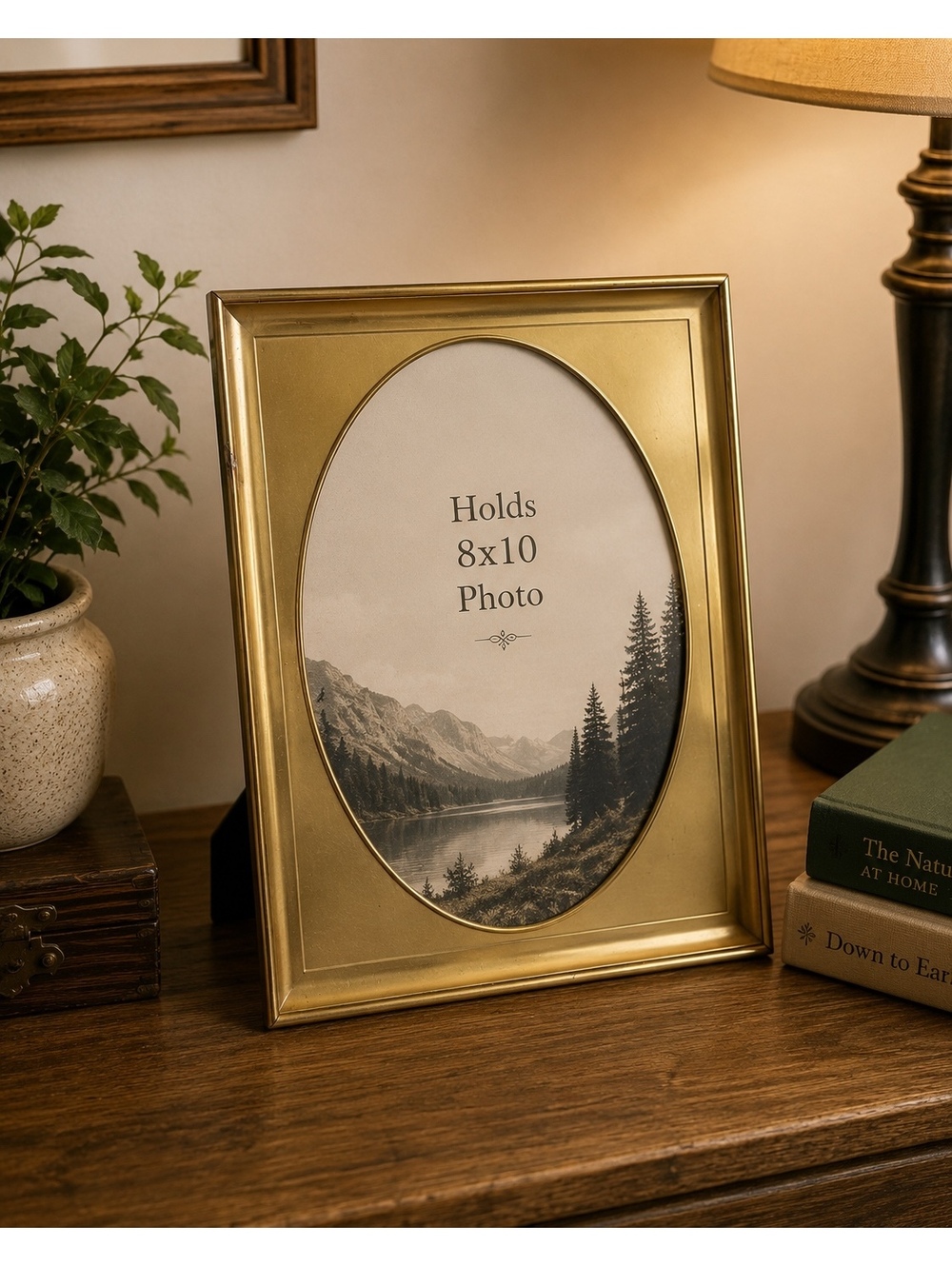 Vintage Brass Oval 8x10 Picture Frame Metal Easel Back Tabletop Display